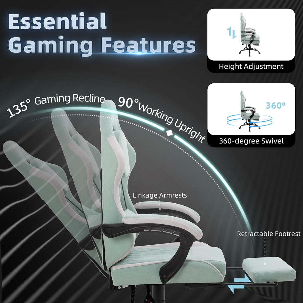Gaming Chair for Adults, Fabric Gaming Chair with Footrest and Pocket Spring Cushion, Ergonomic Gamer Chair with Lumbar Support, Reclining Computer Gaming Chair with High Back, Light Green - Image 7