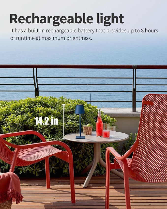 KDG 2 Pack Cordless Blue Table Lamps, Rechargeable Portable LED Desk Lamps | 4000mAh Battery Operated 3 Color Stepless Dimming Up for Restaurant, Bedroom, Outdoor Party, Camping, Coffee Shop, Nightlight - Image 2