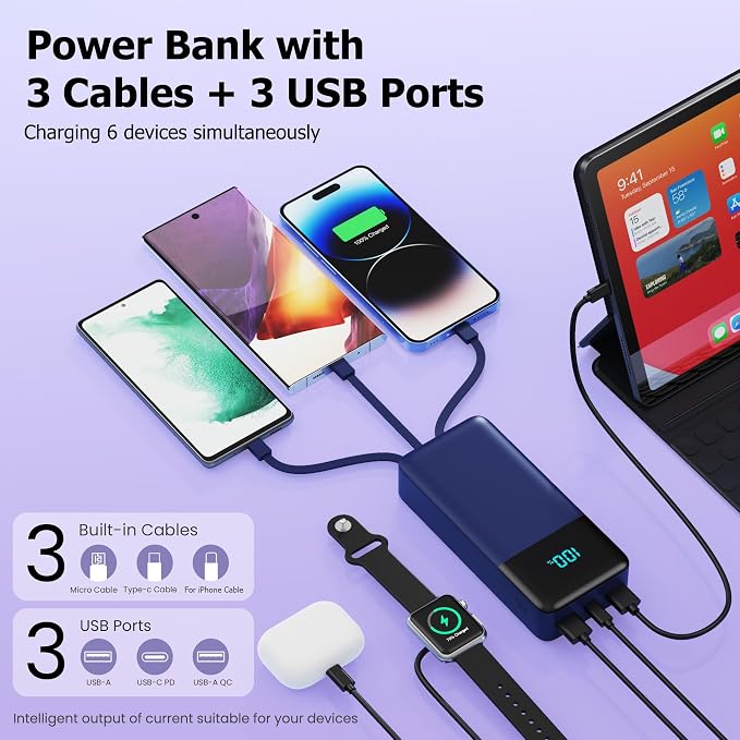 Portable Charger Power Bank 50800mAh,25W USB C Fast Charging Battery Pack with 3 Built in Cables & LED Display,6 Output 2 Input Travel Essentials Phone Charger for iPhone 17/16/15,Android etc (Blue) - Image 3