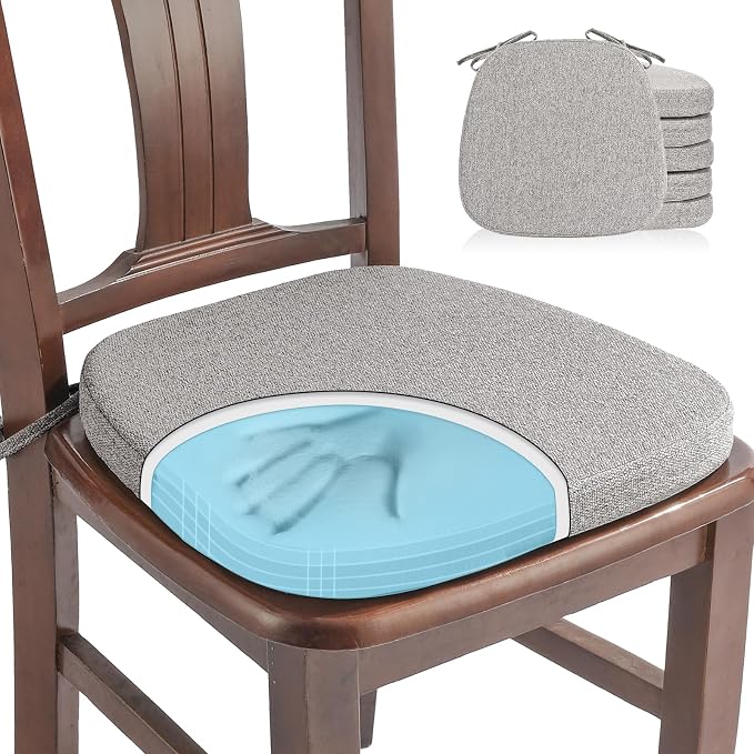 SINOSSO 6 Pack Memory Foam Chair Cushions for Dining Chairs, Friendly Woven Fabric 16" U-Shape Comfortable Kitchen Chair Pads, Removable Slip Resistant Seat Cushions (Set of 6, Light Grey) by SINOSSO