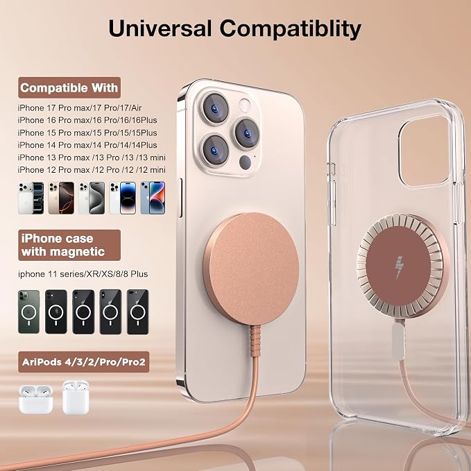 Magnetic Wireless Charger for iPhone: Compatible with Magsafe Charger iPhone 17 16 15 14 13 12 Series & Airpods 4 3 2 Pro-Fast 15W Max Charging Pad Strong Magnet, Dual USB-C/A Ports-Home Office Travel | Strong Magnet Charging Pad, with Dual USB C to A ... - Image 2