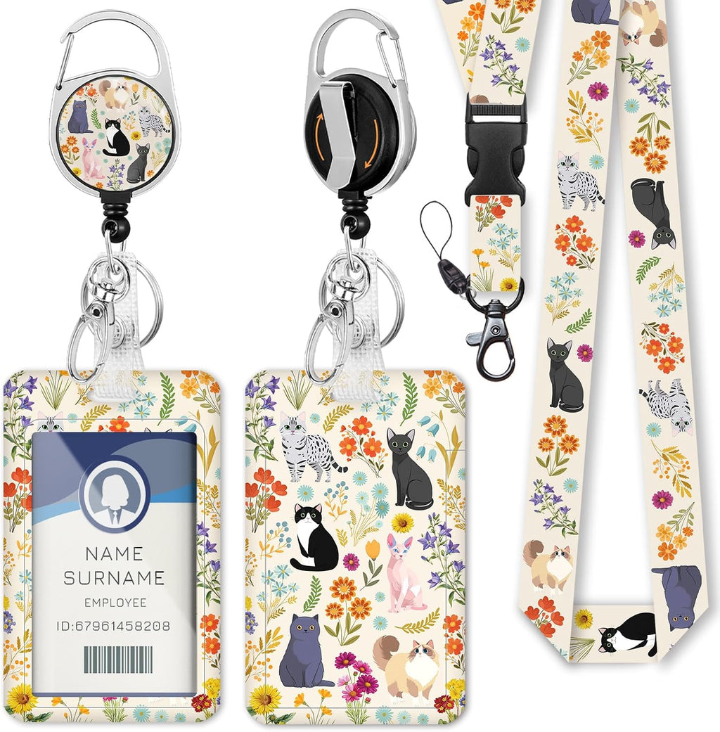 Flower Cats Lanyards for ID Badges, Cute id Holder with Lanyard by Gctriki