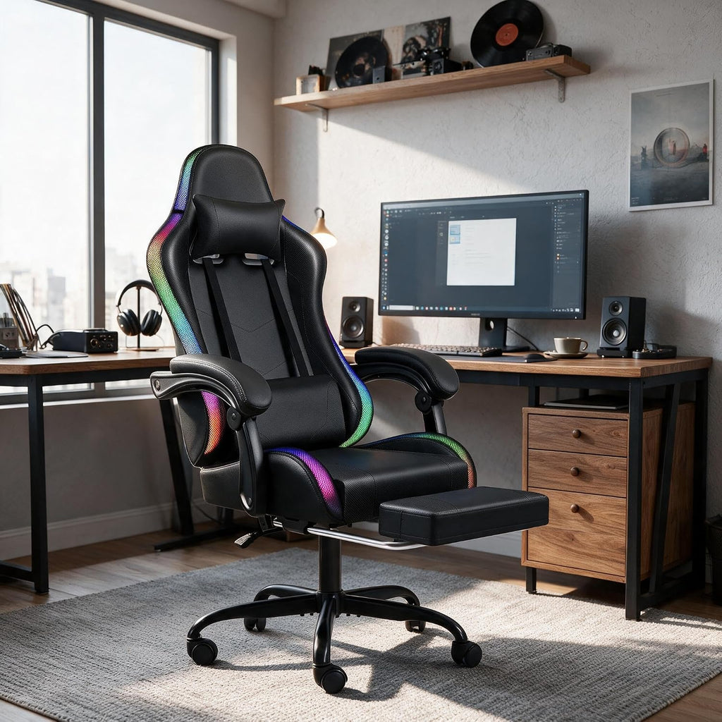 Furmax Gaming Chair with RGB LED Lights, Video Game Chair with Footrest and Massage Lumbar Support, High Back Reclining Computer Chair with Headrest, Swivel Seat Gamer Chair (LED Black) - Image 2