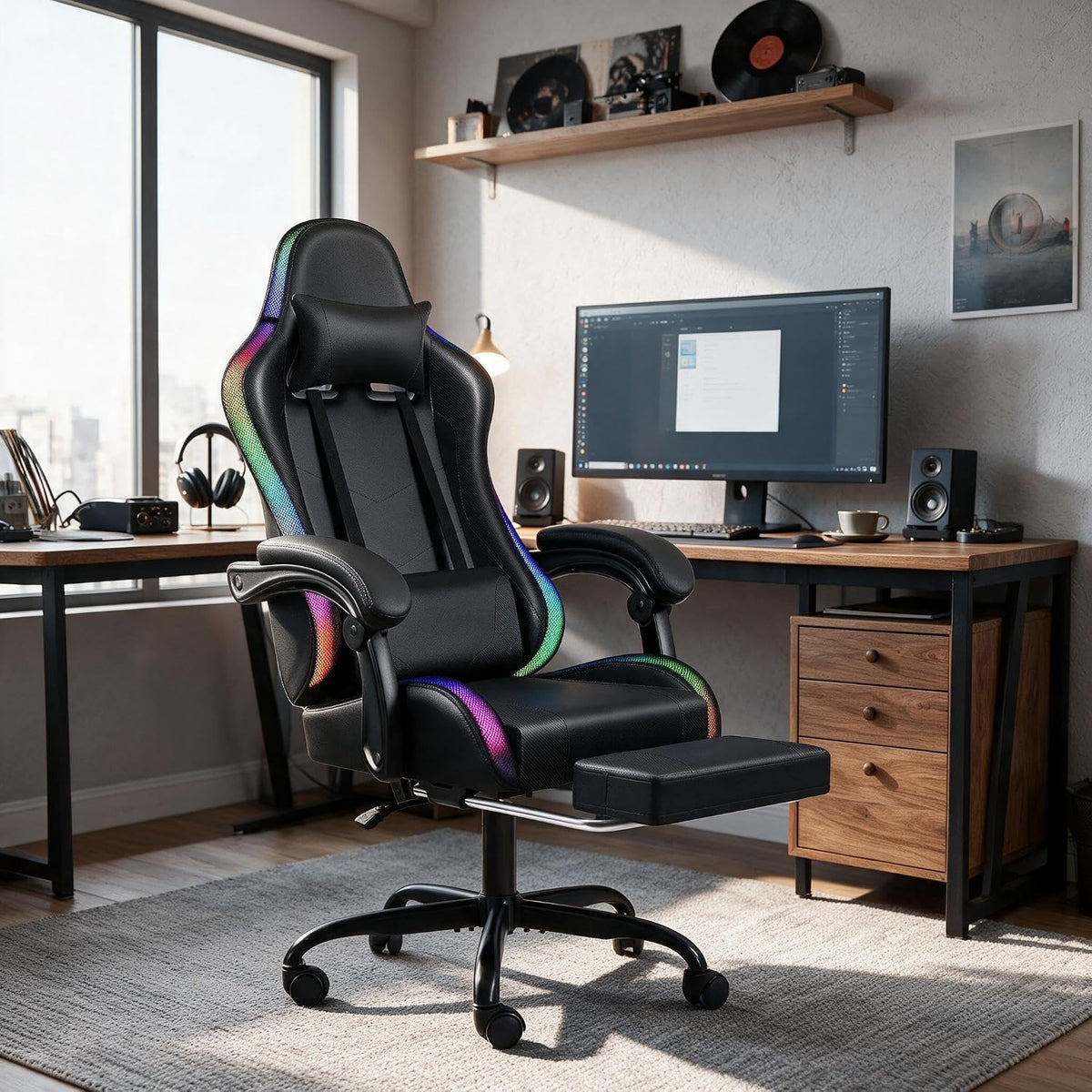Furmax Gaming Chair with RGB LED Lights, Video Game Chair with Footrest and Massage Lumbar Support, High Back Reclining Computer Chair with Headrest, Swivel Seat Gamer Chair (LED Black) - Image 2
