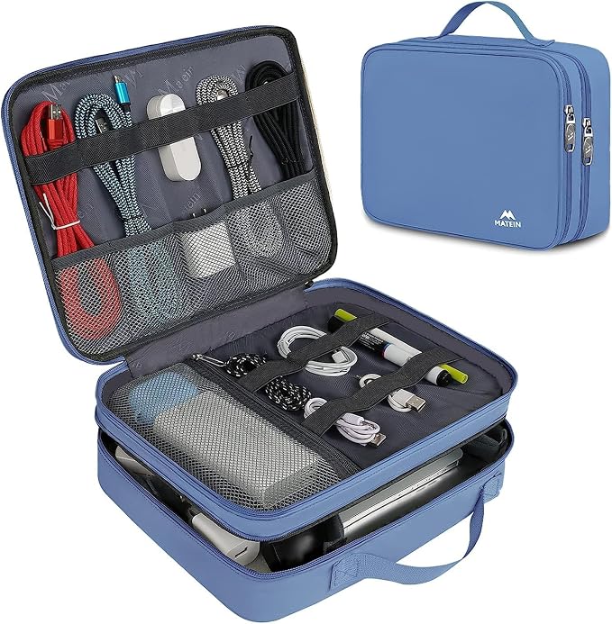 MATEIN Electronics Organizer Case, Cable Organizer Bag with Handle, Blue | Electronic Accessories Case for Cable, Cord, Tablet, Charger, Phone, Double Layers Tech Case Travel Gifts for Men and Women by MATEIN