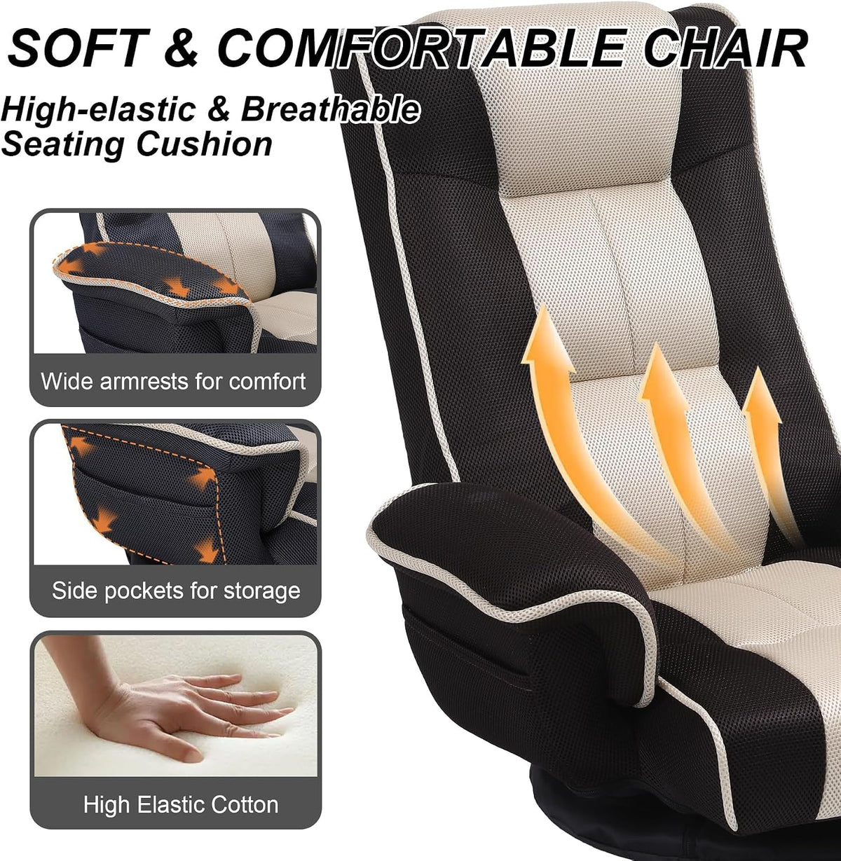 Swivel Floor Chair for Adults, 14-Position Adjustable Floor Gaming Chair with Back Support & Armrests, Foldable Lazy Sofa Lounge, Breathable Mesh for Gaming Reading Meditation (Black/Beige) - Image 5