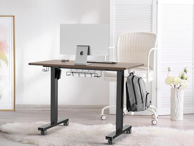SHW Mobile Electric Height Adjustable Standing Desk w/Drawer, Black | 40" Wide Top | w/ Memory Presets and Cable Management | Drawer with adjustable compartments | Hanging Hooks - Image 2