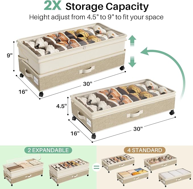 Kitstorack 4 Pack Height-adjustable Under Bed Storage with Wheels, Under Bed Storage Containers,Under Bed Shoe Storage Organizer with Clear Window&Label, Suitable for Clothes Storage, Beige & Linen - Image 3
