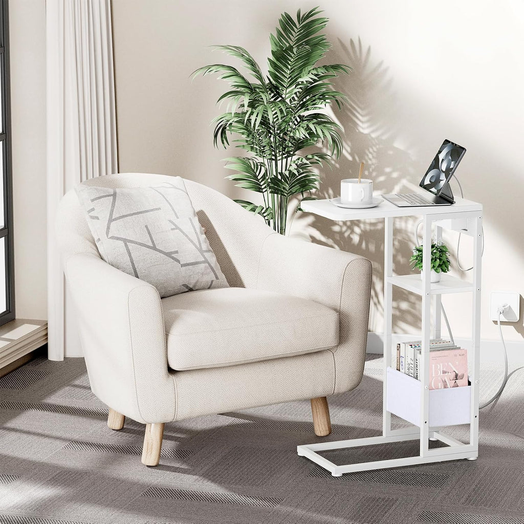 C Shaped End Table with Charging Station, Small Side Table for Couch Recliner, Slide Under Sofa Desk Snack Tables with Storage Bag & AC / USB Outlet, Small Spaces Drink Tables for Living Room, Bedroom - Image 7