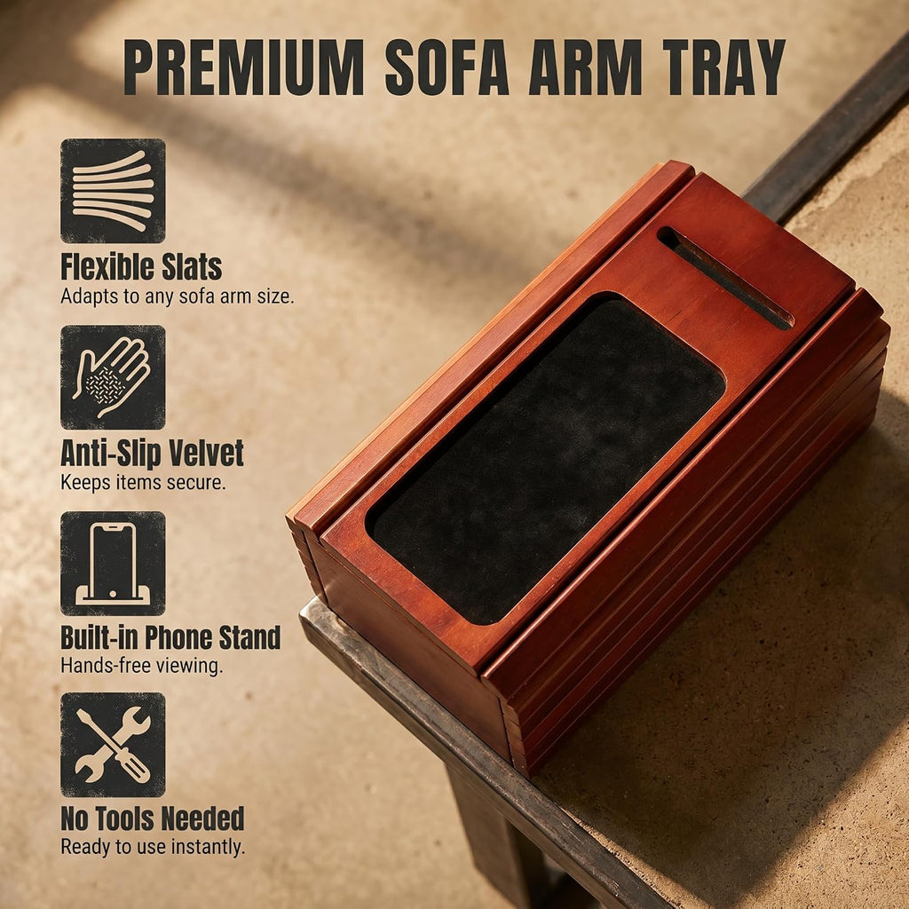 Foldable Sofa Couch Armrest Tray Wooden Anti-Slip with Phone Holder - Image 4