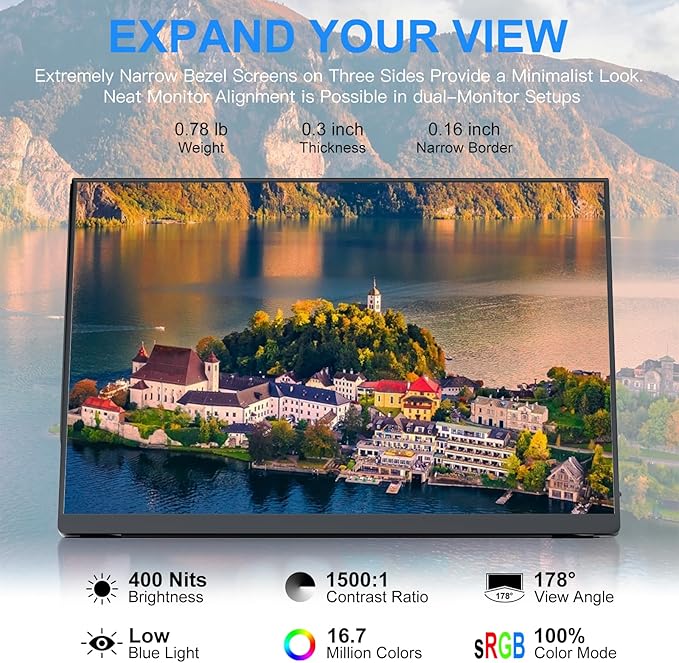 10.5" Portable Monitor 60HZ 1920x1200 FHD IPS with USB-C Mini HDMI | Full-function USB-C one-cable video & power HDMI port, for laptops, phones, PS5, Switch, Xbox without extra adapters - Image 2