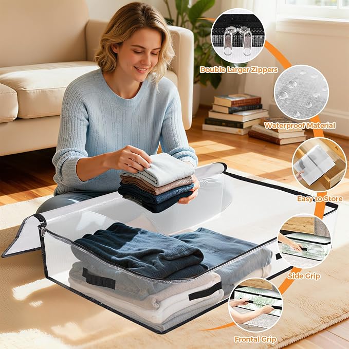 4 Pack Under Bed Storage Bags, 75L Foldable Clear Containers with Handles | Dual Zipper Storage Bins for Comforters, Bedding, Blankets, Closet Organizer for Clothes, Linen Sheets, Sweaters - Image 3