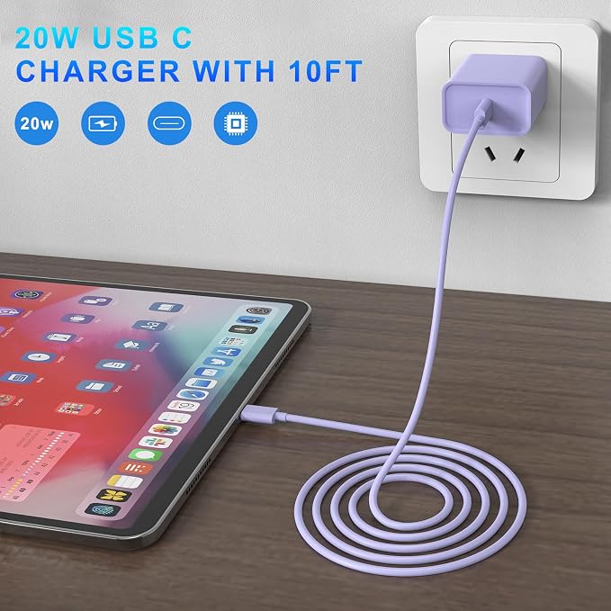 iPhone 17 16 15 Charger Fast Charging 10FT Long Cord with USBC Block Purple | 3 Pack PD 20W USB C Charger with Cord, Type C Chargers Block for iPhone 17/17 Pro/17 Pro Max/16/16 Pro/16 Pro Max/15 - Image 5