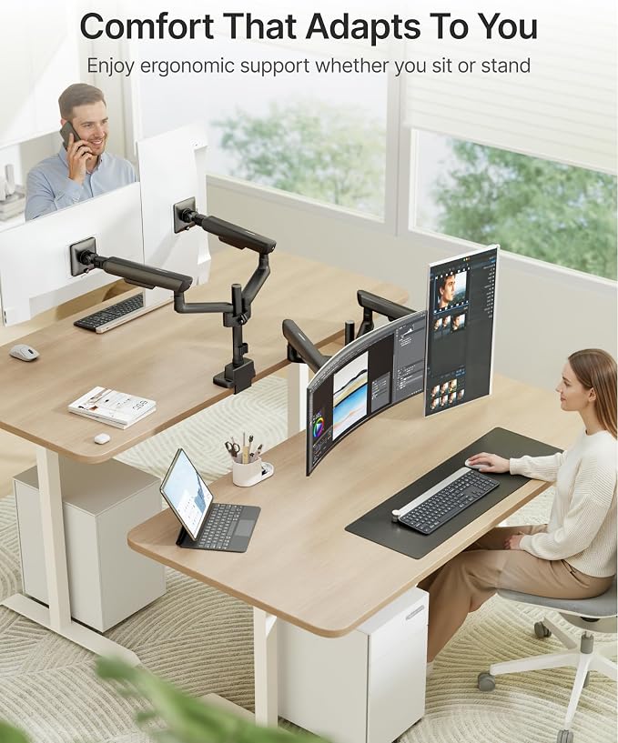 monTEK Tall Mechanical Spring Dual Monitor Arm with USB for 27 32 34 Screen | Black, Built-in One-Way Bearing, Holds 26.4 lbs, VESA 75/100mm, C-Clamp/Grommet Base & Cable Management, Office, Home, Game - Image 9