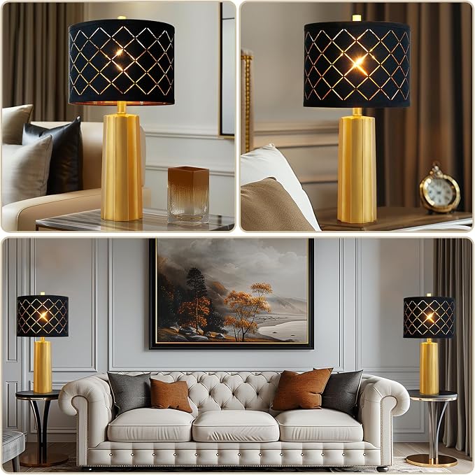 Set of 2 Modern Table Lamps for Living Room Bedroom, Gold Nightstand Resin Lamps with Black Grid Shade, Contemporary Desk Lamps for Bedside End Tables, 2 Bulbs Included (Gold) - Image 6