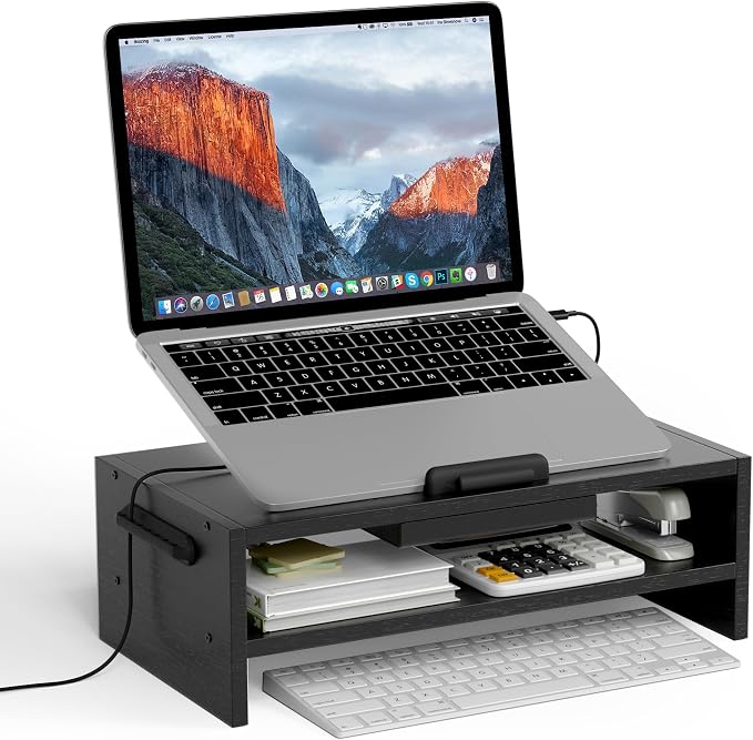AFOOYO Adjustable Wood Laptop Stand, Ergonomic Height Angles Computer Holder Riser for Desk Compatible with Air, Pro, Dell, HP, Lenovo More 10-17.3" Laptops, Black by AFOOYO
