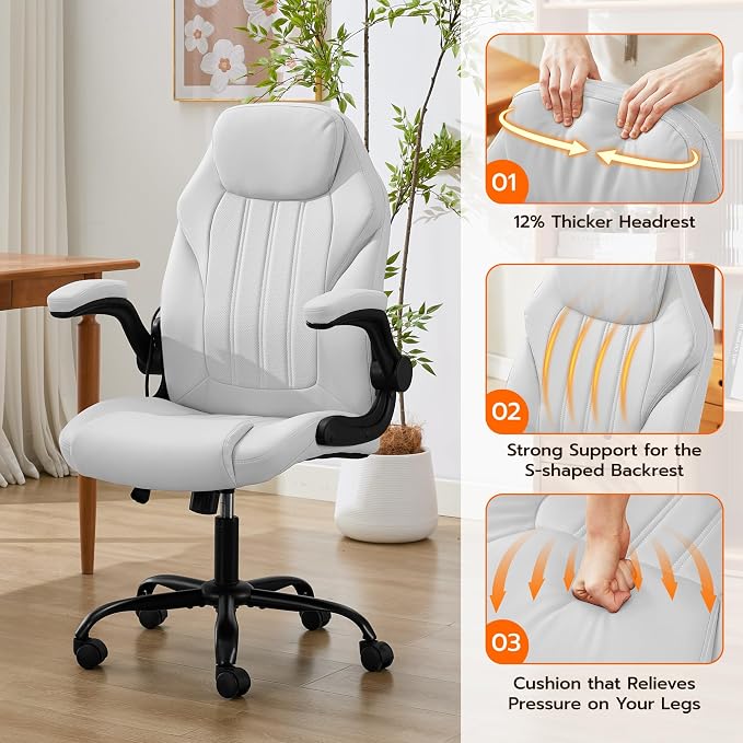 Ylzyxal Office Desk Chair, Ergonomic Computer Chair with Padded Flip-Up Arms and Adjustable Lumbar Support, PU Leather Executive Chair with Tilt Lock and 360° Swivel Rolling Wheels for Work, Study - Image 7