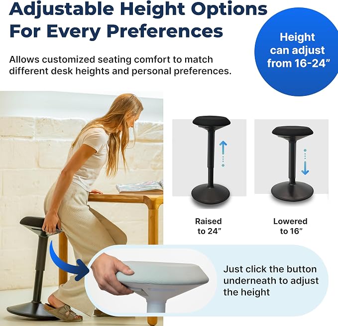 Standing Desk Stool Chair, Height Adjustable 16-24 inch for Office and Classroom, Swivel Base, Anti-Slip Bottom Ergonomic Wobble Stool with Rocking Motion, White - Image 5
