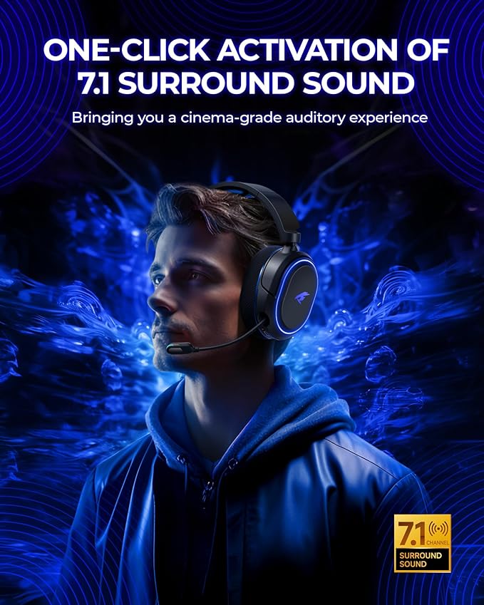 Wireless Gaming Headset, 7.1 Surround Sound, 2.4GHz USB Gaming Headphones with Bluetooth 5.4, 100H Battery, ENC Noise Canceling Mic, RGB Light, Wireless Headset for PC PS5 PS4 Mac Switch (Black-Blue) - Image 2