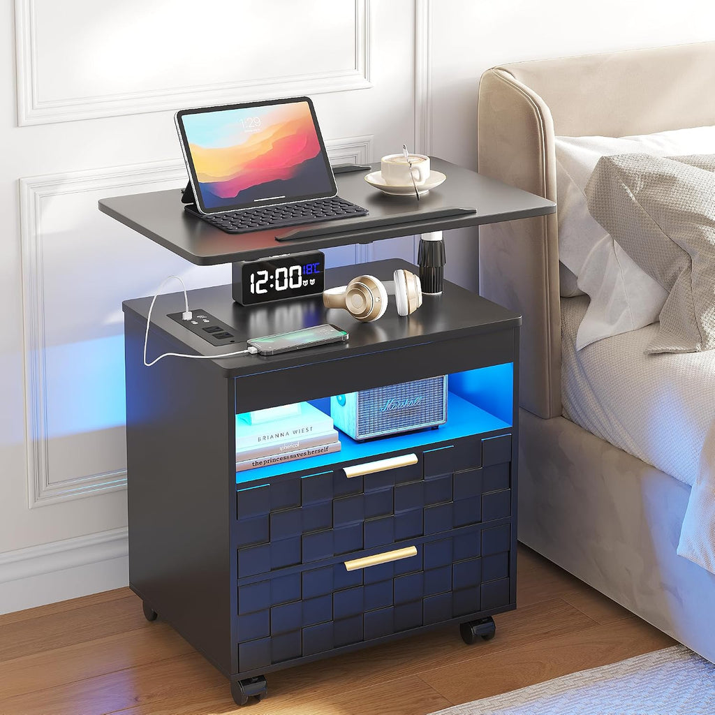 Rolling Nightstand with Wheels, LED Lights, Charging Station by Lareth