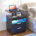 Rolling Nightstand with Wheels, LED Lights, Charging Station by Lareth