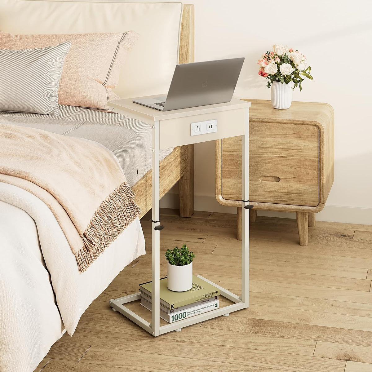 C Shaped End Table with Charging Station, Adjustable Height Side Table for Couch, Small Side Table, 33.2'' Tall Couch Tables that Slide Under, Tv Tray End Table for Living Room, Beige - Image 7
