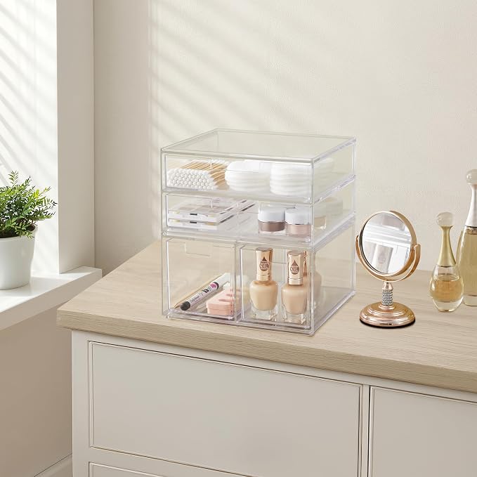 STORi Stackable Desk Organizer Drawers, Clear Pen Pencil Makeup Brush Holder for Desktops and Vanities, 4 Multi-size Drawers (Made in USA) - Image 6