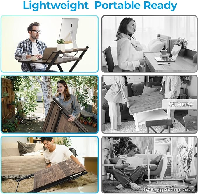 GreenForest No Assembly Folding Desk, 2-Tier Compact Computer Desk with Shelf, 30 inch Space Saving Foldable Table for Home Office, Dorm or Apartment, Portable Collapsible Sturdy Laptop Desk, Brown | Portable Foldable Table for Laptop, 2-Tier Compact w... - Image 4