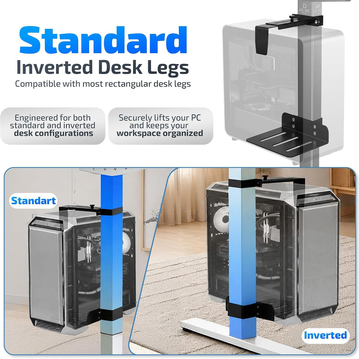 Adjustable No Drill Under Desk PC Mount Stand, 50lb Capacity - Image 5