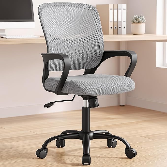 OLIXIS Ergonomic Office Desk Chair, Mid-Back Executive Computer Chair | Fixed Armrest, Rocking Mode, Height Adjustable, 360° Rolling Swivel Adults, Student, Grey by OLIXIS