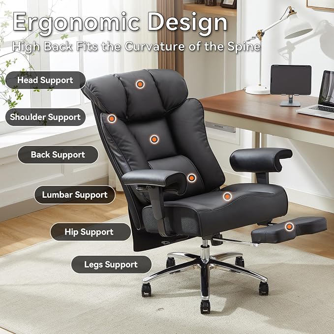Efomao Big and Tall Executive Office Chair 450lbs,Black | 5.9" Thick Pocket Spring Cushion, Reclining Breathable PU Leather Desk Chair with Foot Rest, Soft Comfortable Support - Image 8