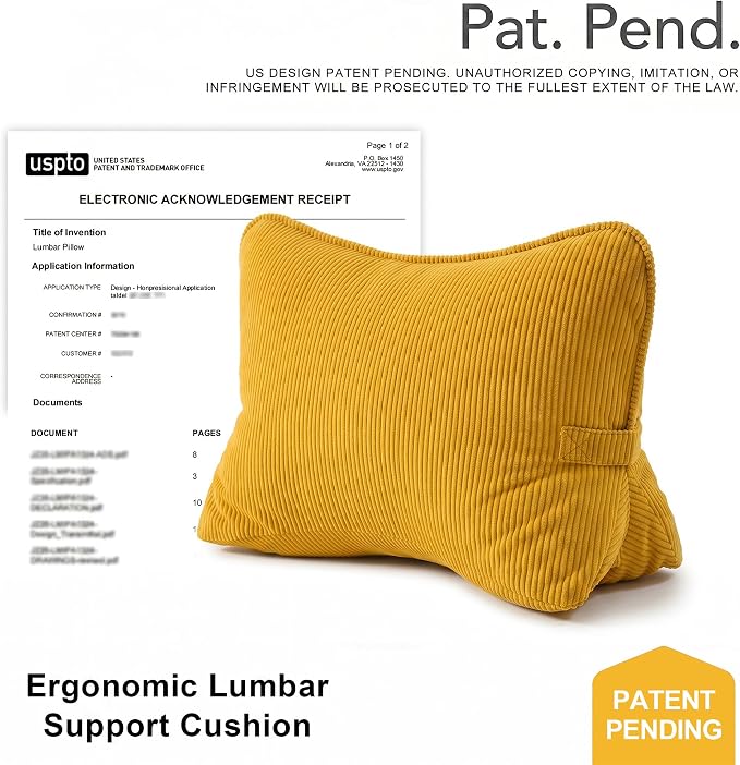 Pat. Pend. Corduroy Reading Back Pillow with Lumbar Support, Triangle Backrest Cushion for Bed Sitting & Relaxing, Support Pillow for Sofa or Headboard, Bright Yellow - Image 2