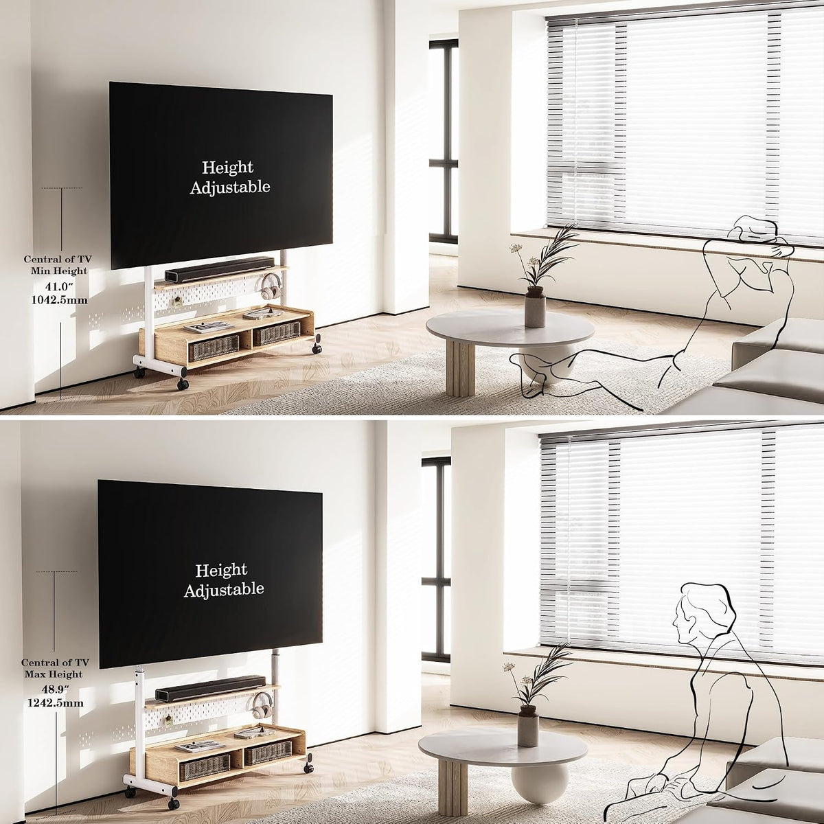FITUEYES Rolling TV Stand for 70-100 Large TVs, Height-Adjustable, White - Image 4