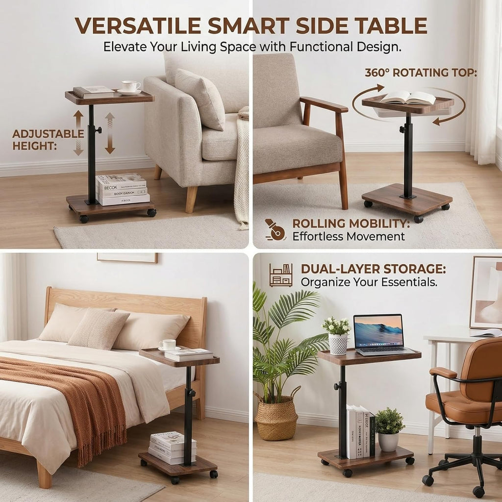 C Table End Table Adjustable Height,C Shaped End for Couch，Snack Tables,360°Swivel TV Tray Sofa Table,Tables that Slide Under,Coffee SideTable for Bed,Chair,Bath-tub,Outdoor(Walnut Color) - Image 3