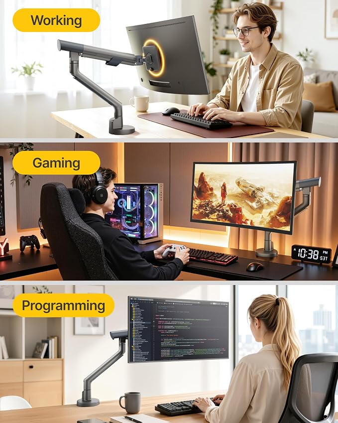 monTEK Aluminum Monitor Arm for 17-40" Screens, 26.4 lbs, Gray | Mechanical spring, tension indicator, full motion, VESA 75/100 compatibility, clamp/grommet bases and cable routing - Image 9