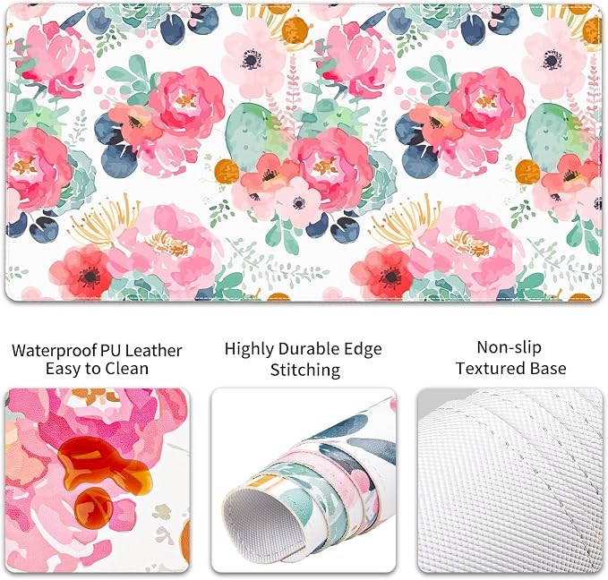 QIYI PU Leather Desk Mat Set, 4-in-1 Ergonomic Wrist Rest, Pink Flowers | Waterproof Large Mouse Pad 31.5×15.7 + Keyboard Wrist Rest + Mouse Wrist Support+Coaster, Non-Slip Office Gaming Accessories - Image 5