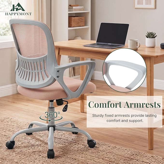 Home Office Desk Chair, Lumbar Support, Mesh Back Computer Chair | Height Adjustable, Mesh Mid-Back, Ergonomic Task Gaming Chair with 360° Swivel Wheels, Lumbar Support, Pink - Image 8