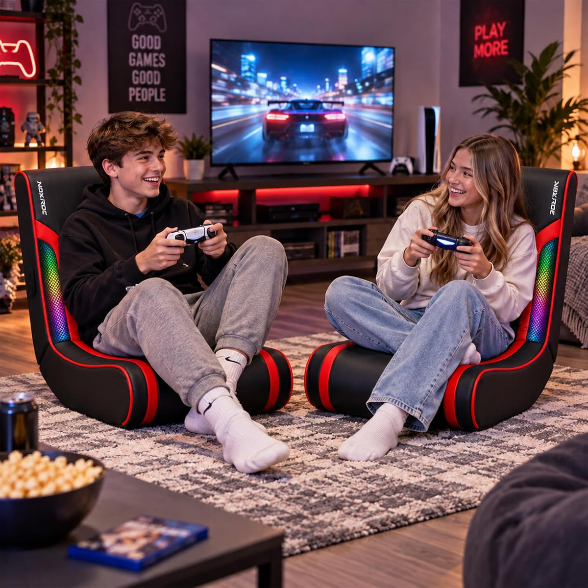Foldable Floor Gaming Chair with RGB Led Lights for Teens Adults，Black+Red - Image 2