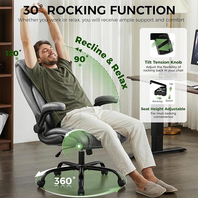 Office Chair, Ergonomic Executive Desk Chair with Lumbar Support for Lower Back Pain Relief, Padded Flip-Up Armrests, Leather Home Office Chair, Gray - Image 5