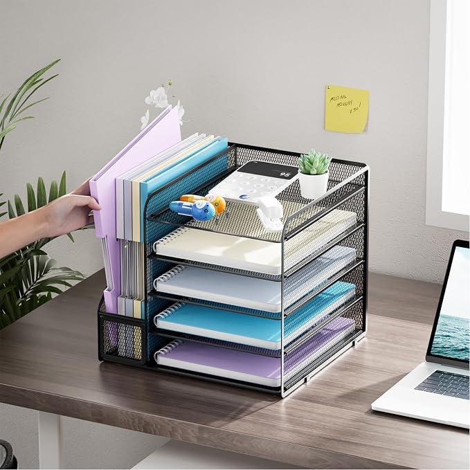 Marbrasse Desk Organizers and Accessories, 5-Tier Paper Letter Tray Organizer with File Holder, Mesh File Organizer, Office Desk Accessories & Organization for Supplies (Black) - Image 2