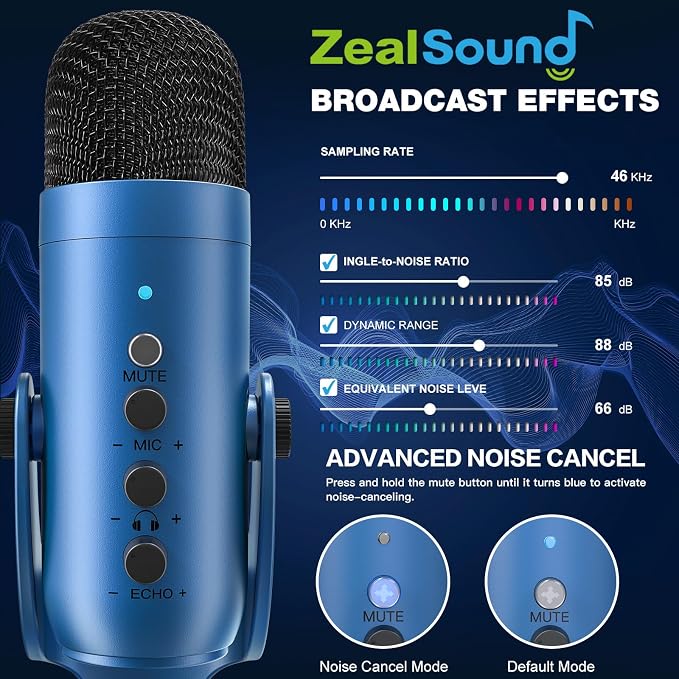 ZealSound Podcast Microphone for PC, Noise Cancellation USB Mic with Gain, Volume Adjustment & Mute Button, Monitoring & Echo, for YouTube, TikTok, Podcasting, Streaming, iPhone, iPad, Android(Blue) - Image 3