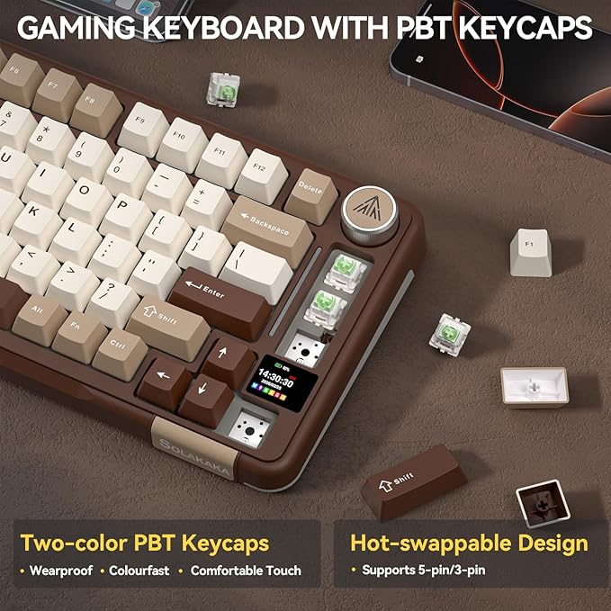 SOLAKAKA A75 PRO 75% Wireless Mechanical Keyboard with Screen and Knob, Tri-Mode Hot Swappable Gaming Keyboard, RGB Backlit Gasket Creamy Pre-lubed PBT Computer Keyboard for PC/Mac/Win,Brown - Image 4