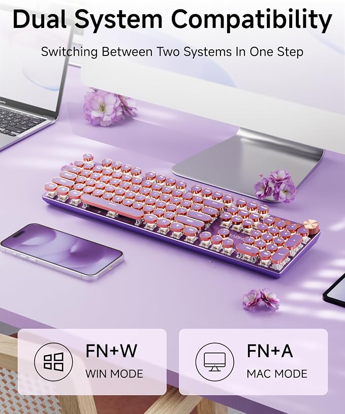 EWEADN V20 Typewriter Keyboard Wireless, 104 Keys Typewriter Style Mechanical with White Backlit, Media Knob, Pink Switch 2.4G/Bluetooth/USB-A Wired Retro Full Size Keyboard for Windows/Mac/PC-Purple - Image 4