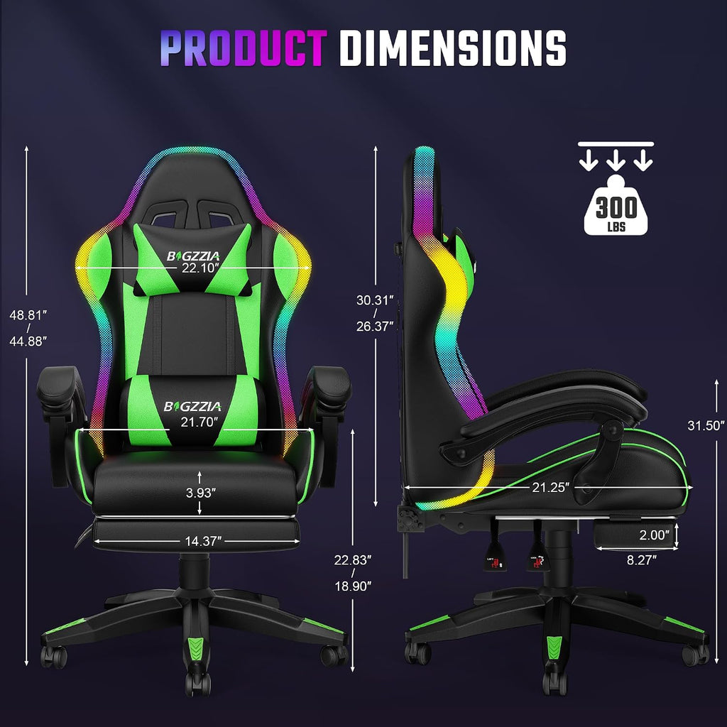 Bigzzia RGB Gaming Chair with Footrest, Lumbar Massage for Adult/Kid（Green） - Image 3