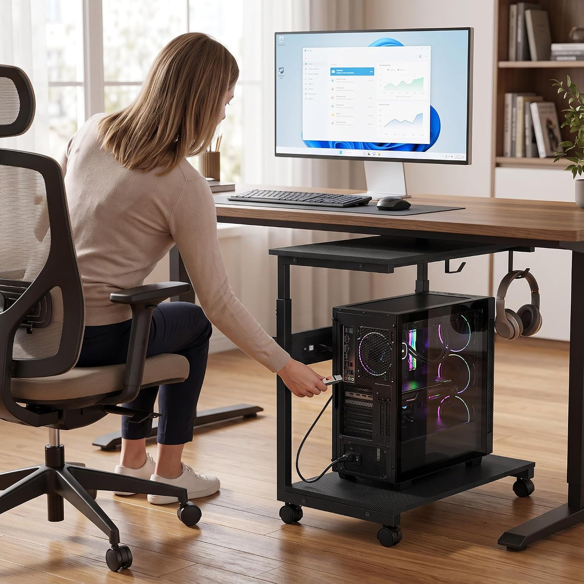 Garvee Adjustable Computer Tower Stand with Charging Station, 23"-33.5" PC Cart for Gaming Setups - Image 2