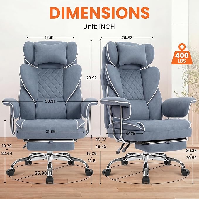 NEO CHAIR Big & Tall Leather Office Chair, High Back, Lumbar Support, Blue | Gaming Chair for Adults and Computer Use, Reclining Office Chair with Foot Rest, Massage, Comfy Design and Heavy Duty Support - Image 3