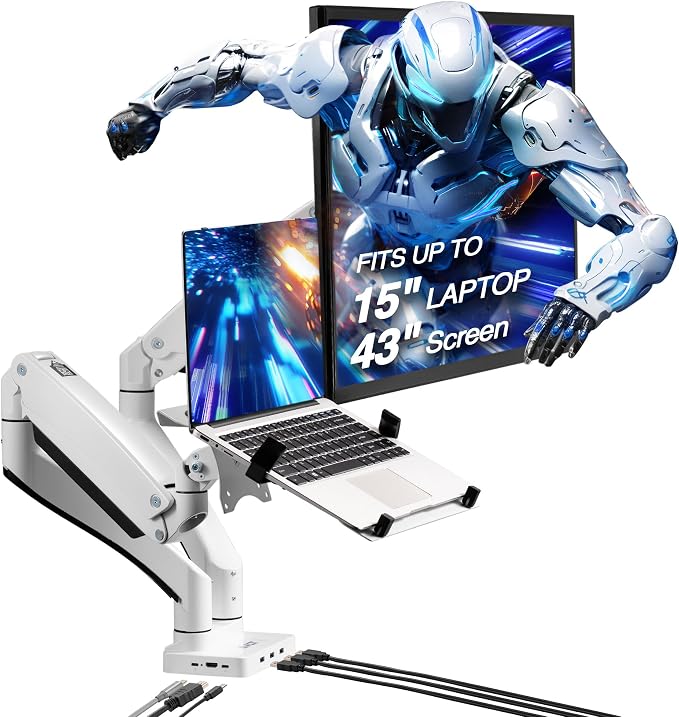 Dual Monitor Arm Desk Mount with 15" Laptop Tray USB-C&A Docking Station | AVLT 17”-43" HDMI 4K60Hz, Ethernet, 100W PD, Fits Two Flat/Curved Monitor - White by AVLT-USA