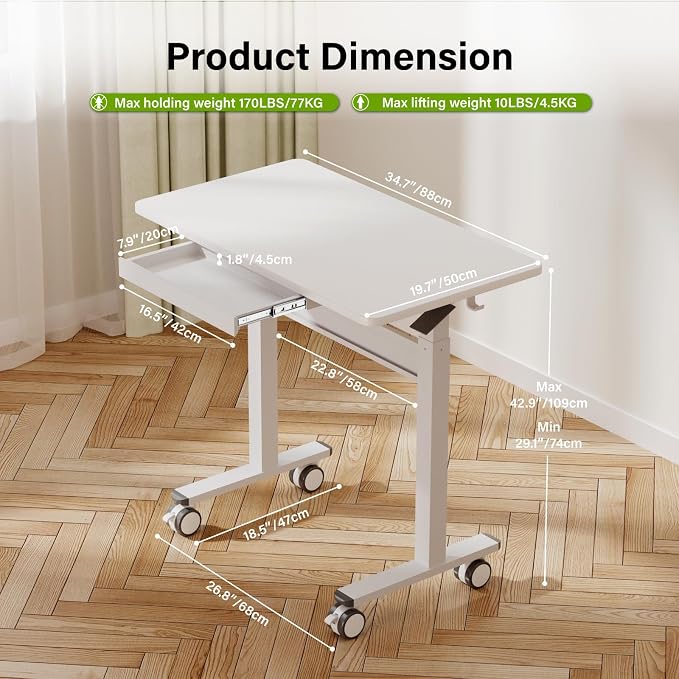 35" Pneumatic Standing Desk for Walking Pad with Wheels Drawer, White | Height Adjustable Rolling Desk, Mobile Computer Workstation with Hook Locking Casters for Treadmill & Home Office - Image 3