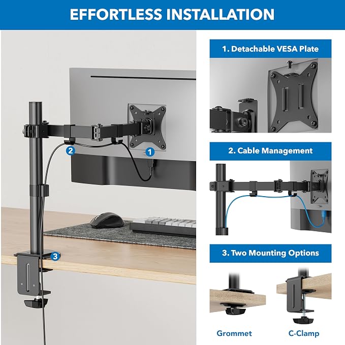 Mount-It Single Monitor Arm Desk Mount, 17-32 Inch Screens, Black - Image 7