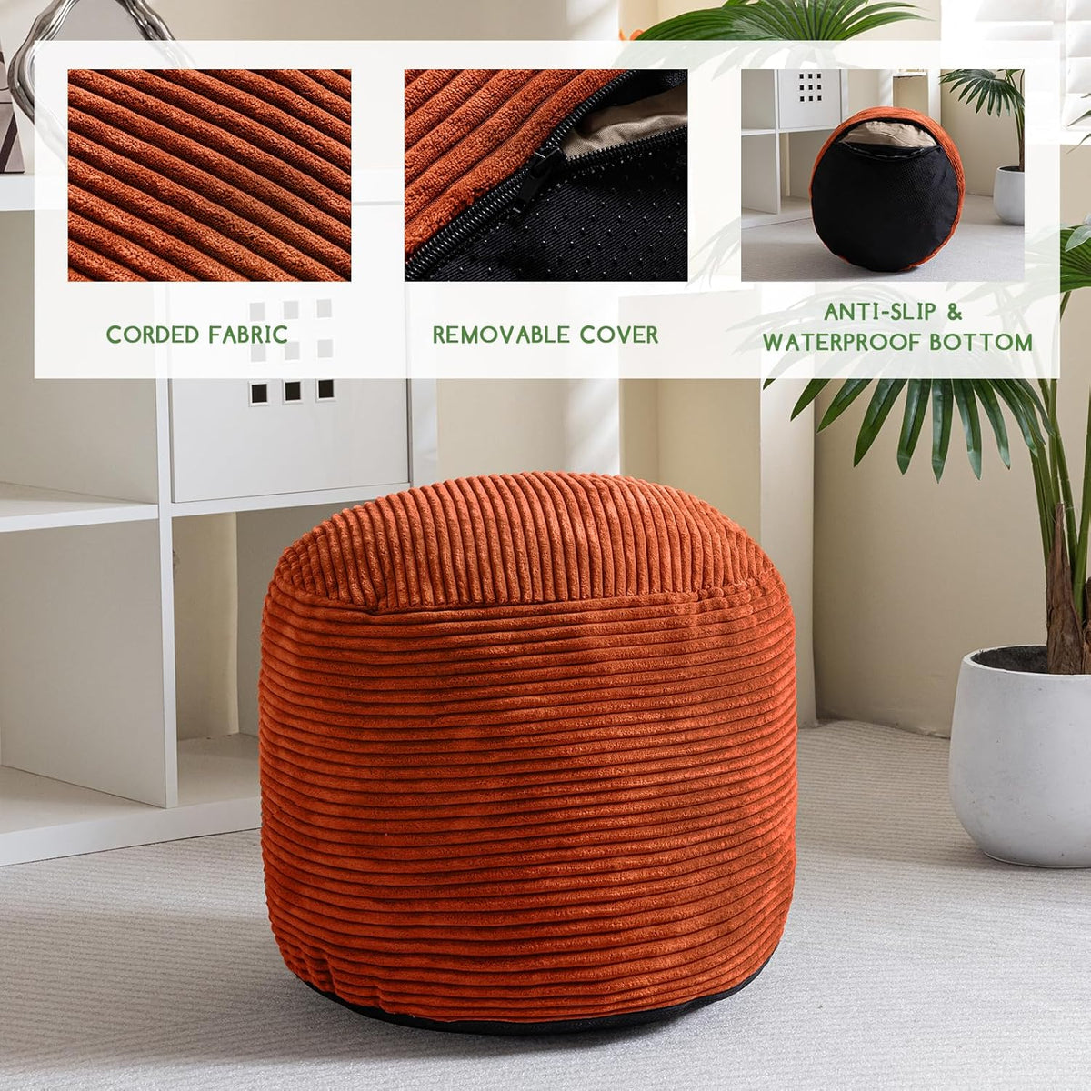 HIGOGOGO Round Stuffed Pouf Ottoman, Corduroy Poufs with Foam Chunk Filling, Furry and Fluffy Pouf Foot Stool Storage Ottoman, 20 X 15 Floor Poufs Foot Rest for Living Room, Terra Cotta - Image 3